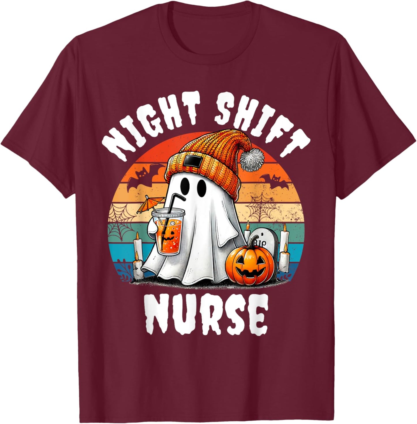 Funny Night Shift Nurse Ghost Boo Halloween RN Nurses Coffee T-Shirt - T-Shirt | Maroon