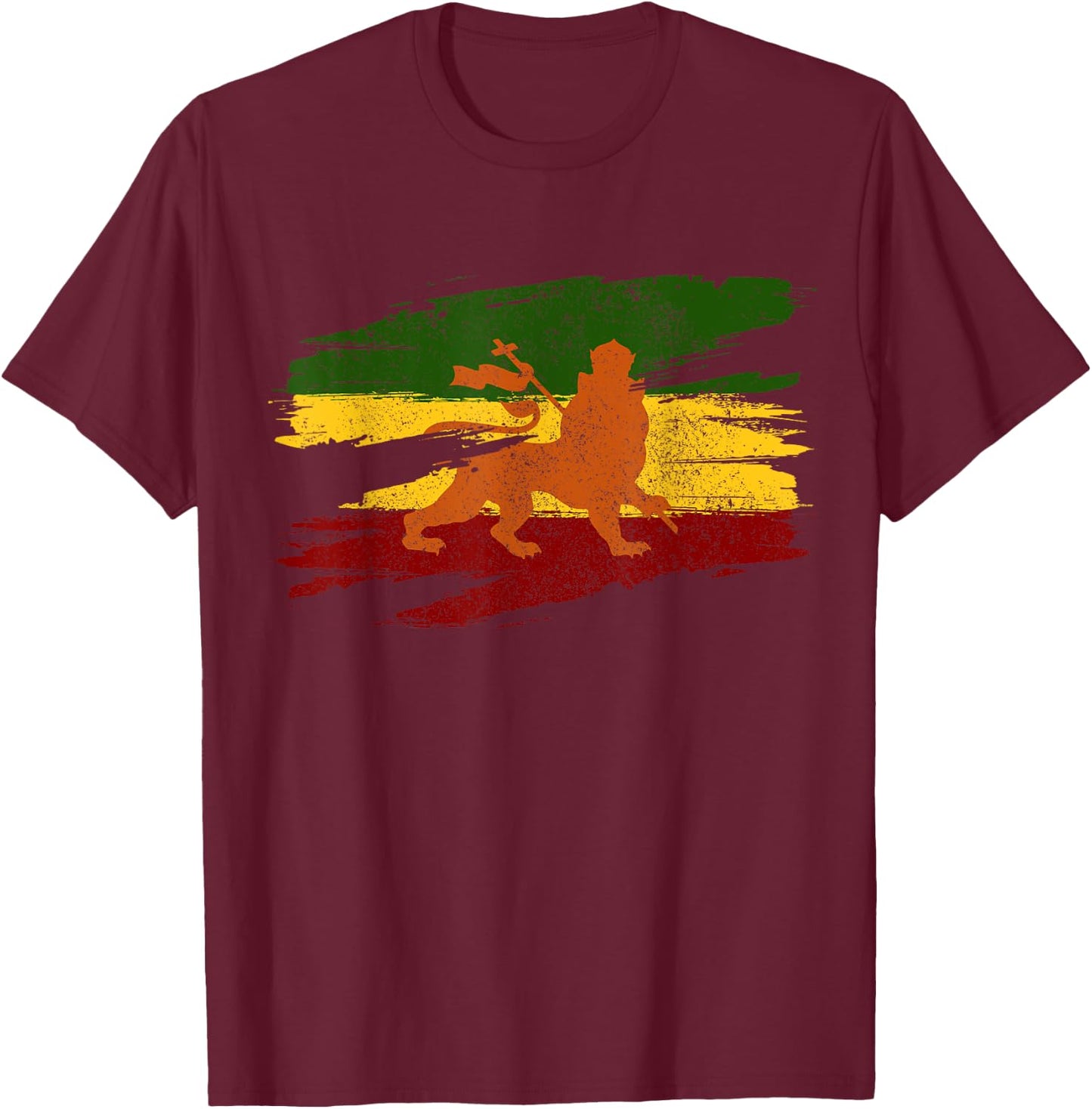 Lion Of Judah Ethiopian Flag Cross Rasta Rastafari Gift T-Shirt - T-Shirt | Maroon