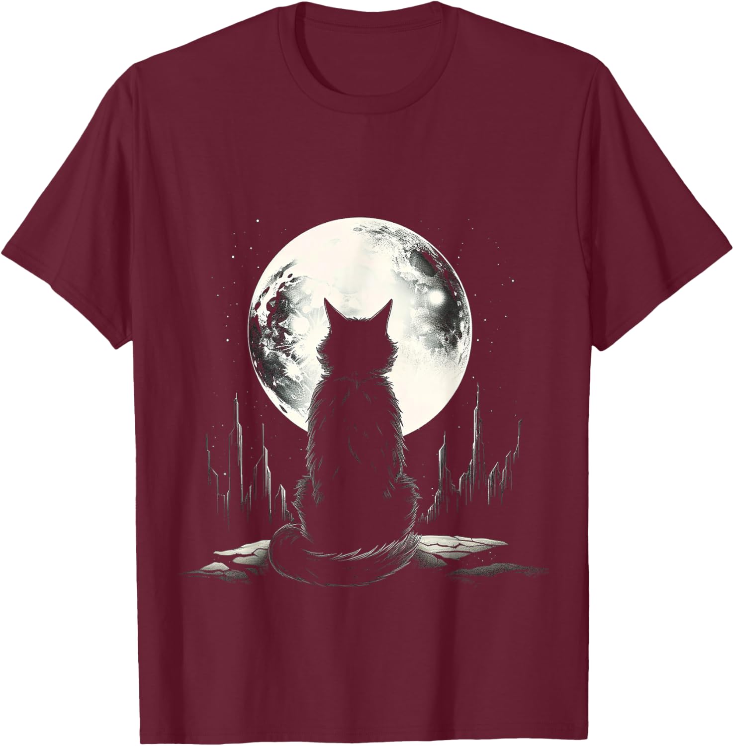 Cat Nature Moon Animal Illustration Art Graphic Motif Cat T-Shirt - T-Shirt | Maroon