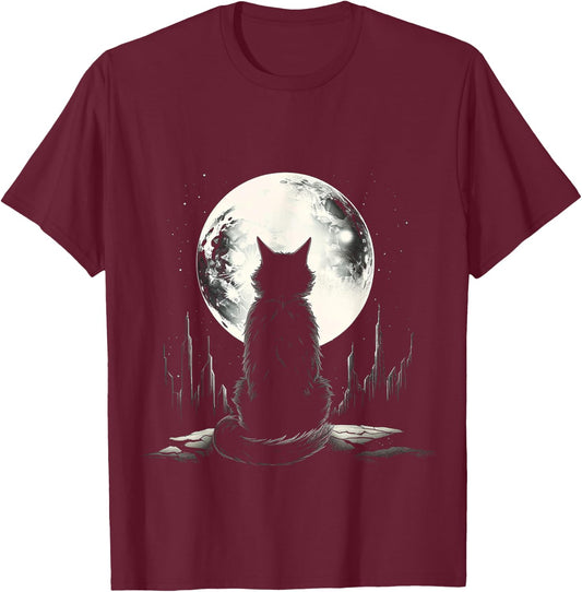Cat Nature Moon Animal Illustration Art Graphic Motif Cat T-Shirt - T-Shirt | Maroon