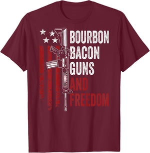 BOURBON BACON GUNS & FREEDOM - BBQ Grill Drinking - ON BACK T-Shirt - T-Shirt | Maroon
