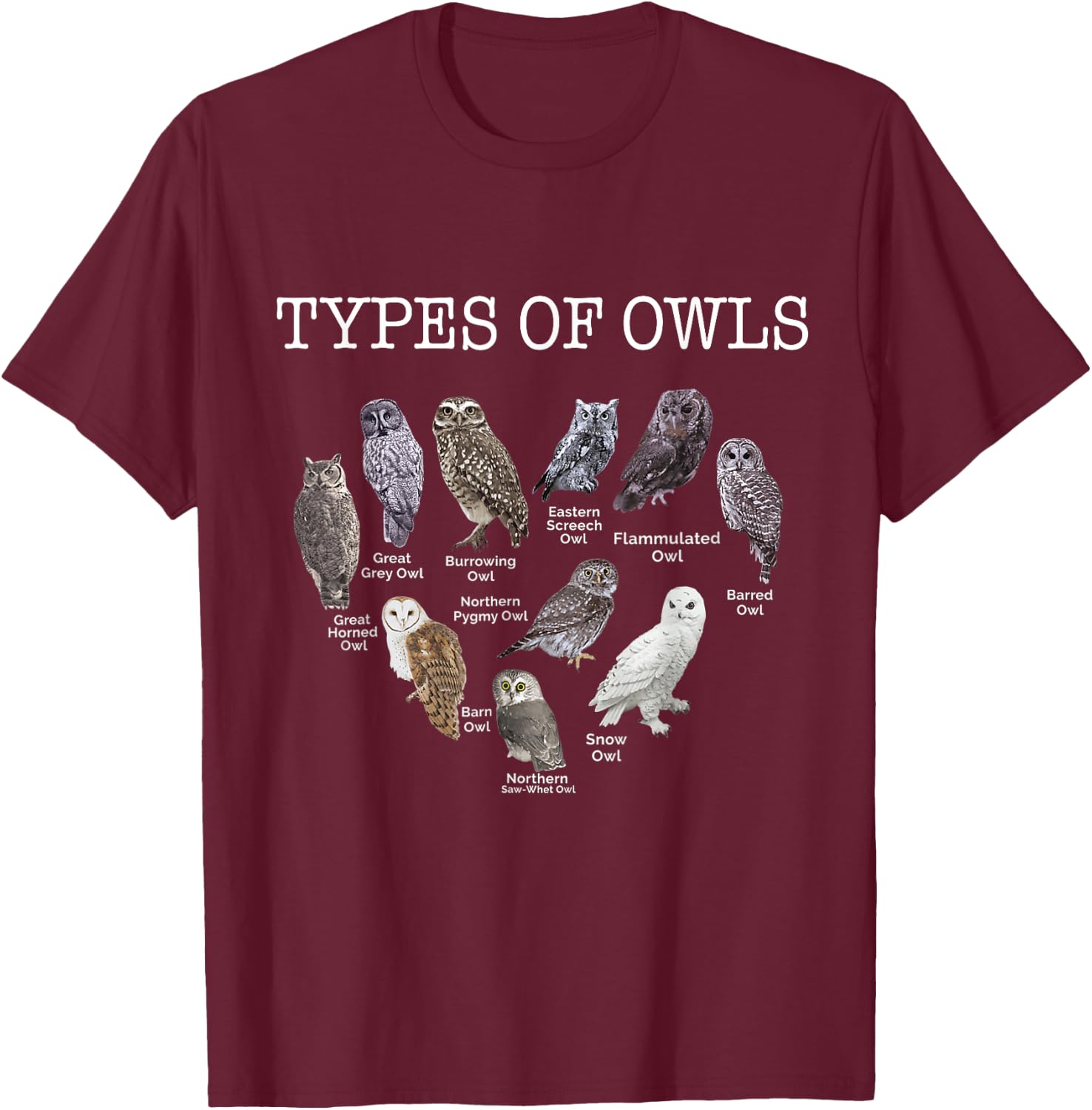 Types of Owls Educational Cute Owl Lover gift men women kids T-Shirt - T-Shirt | Maroon