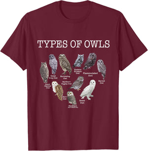Types of Owls Educational Cute Owl Lover gift men women kids T-Shirt - T-Shirt | Maroon