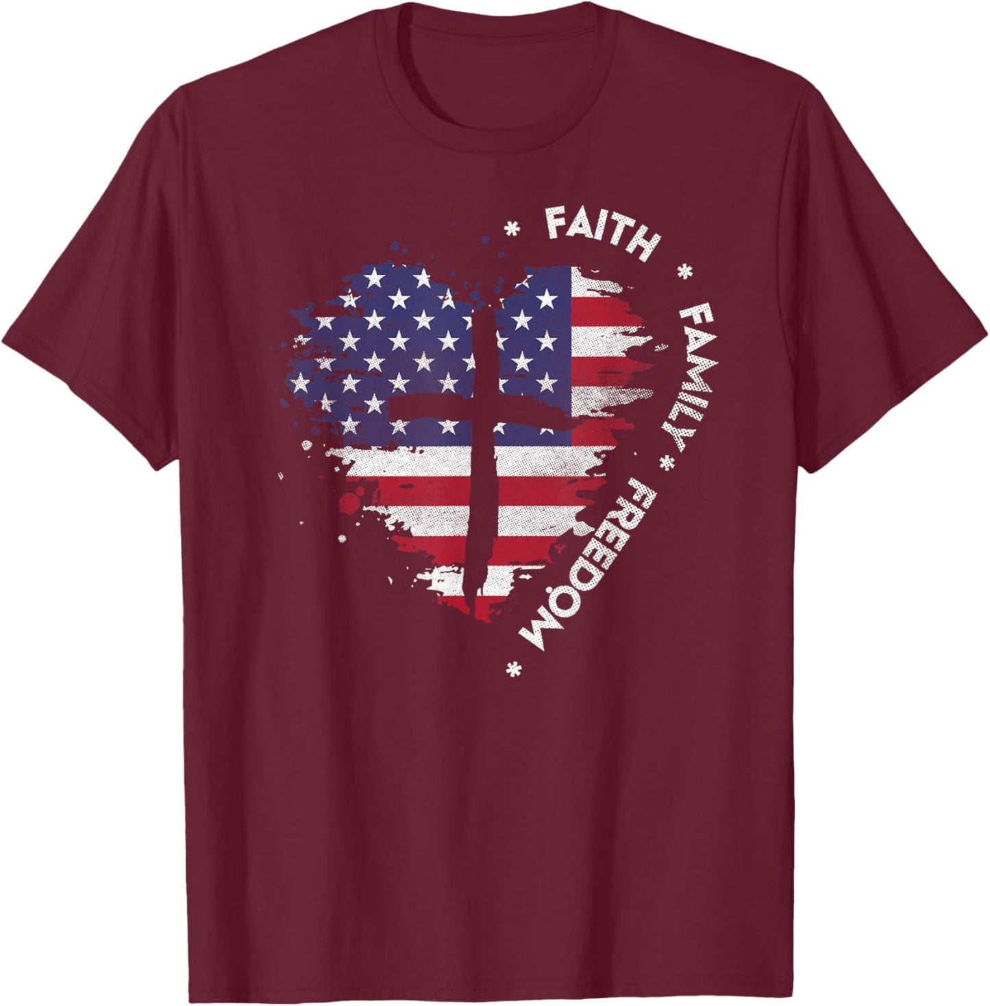 Faith Family Freedom Christian Cross Bible Lover US Flag T-Shirt - T-Shirt | Maroon