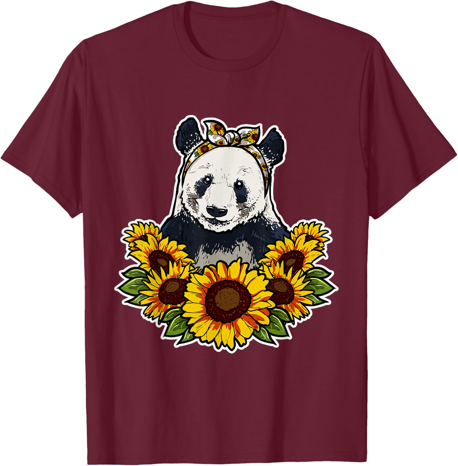Cute Panda Love Gift Sunflowers Decor Panda T-Shirt - T-Shirt | Maroon