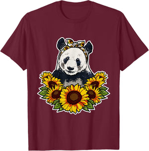 Cute Panda Love Gift Sunflowers Decor Panda T-Shirt - T-Shirt | Maroon