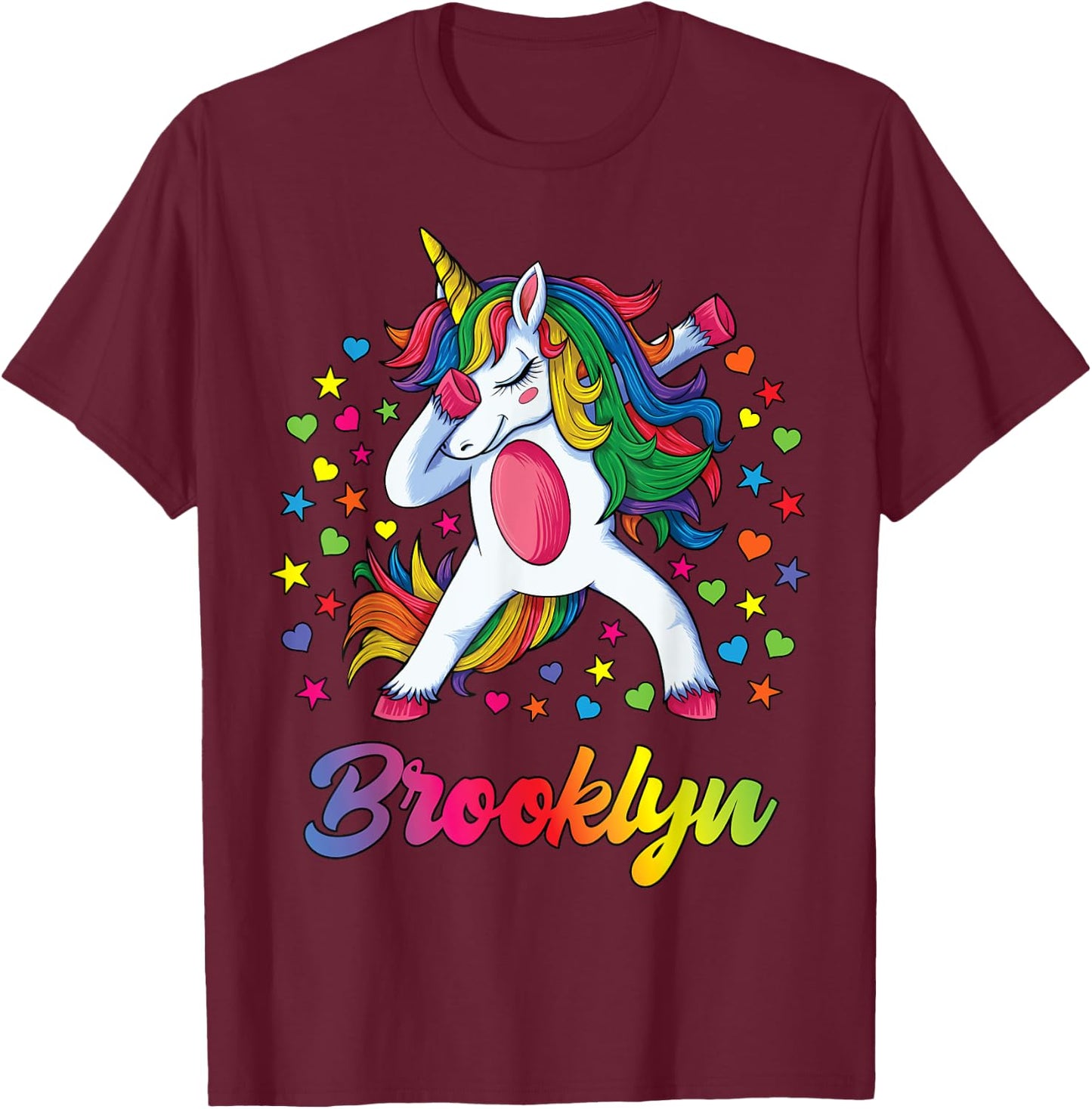 Brooklyn Dabbing Unicorn Rainbow Personalized Name Custom T-Shirt - T-Shirt | Maroon