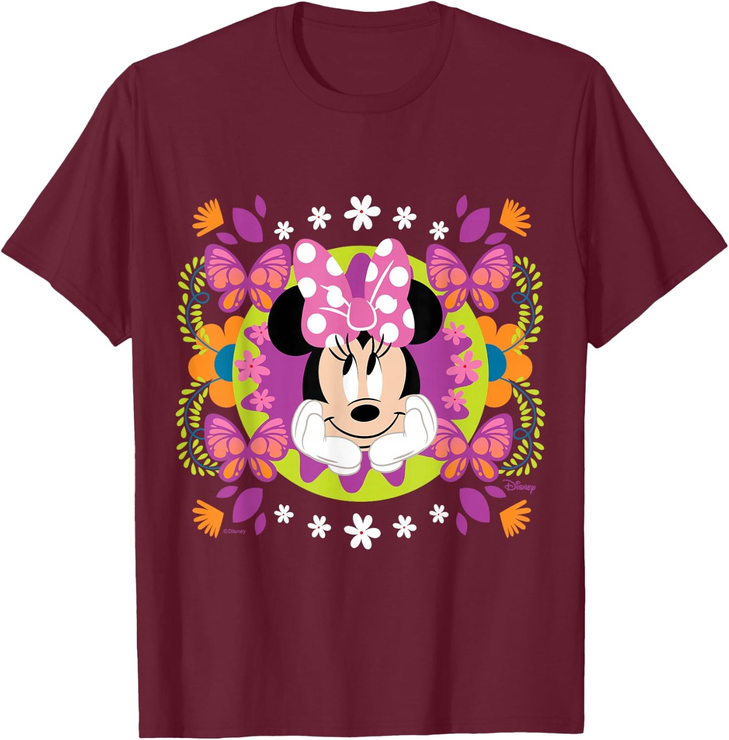 Minnie Mouse - Spring Florals & Butterflies Burst T-Shirt - T-Shirt | Maroon