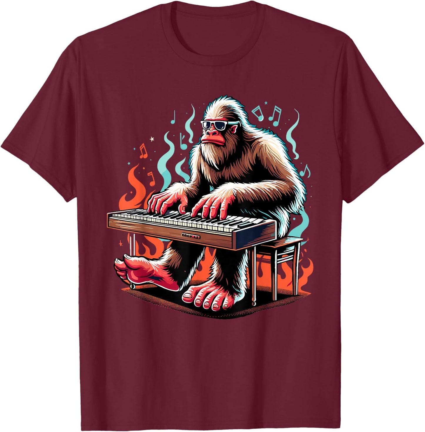 Bigfoot Playing Piano Cool Jazz Piano Sasquatch T-Shirt - T-Shirt | Maroon