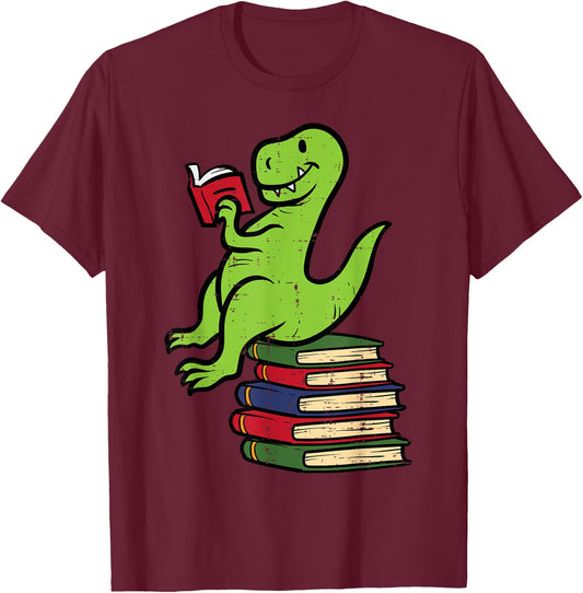 Dino Reading Read Reading Librarian Book Men Boys Kids T-Shirt - T-Shirt | Maroon