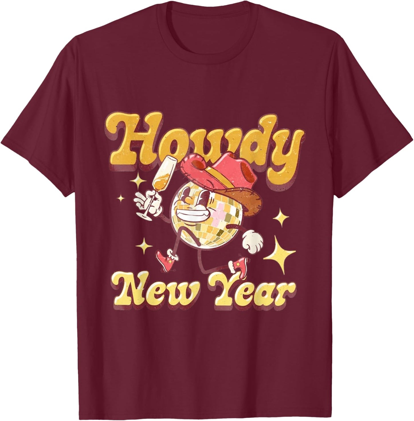 Howdy New Year 2024 Western Cowgirl Hat And Disco Balls T-Shirt - T-Shirt | Maroon