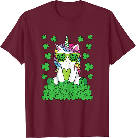 Cute St Patricks Day Unicorn Lepricorn Shamrock Girls Kids T-Shirt - T-Shirt | Maroon