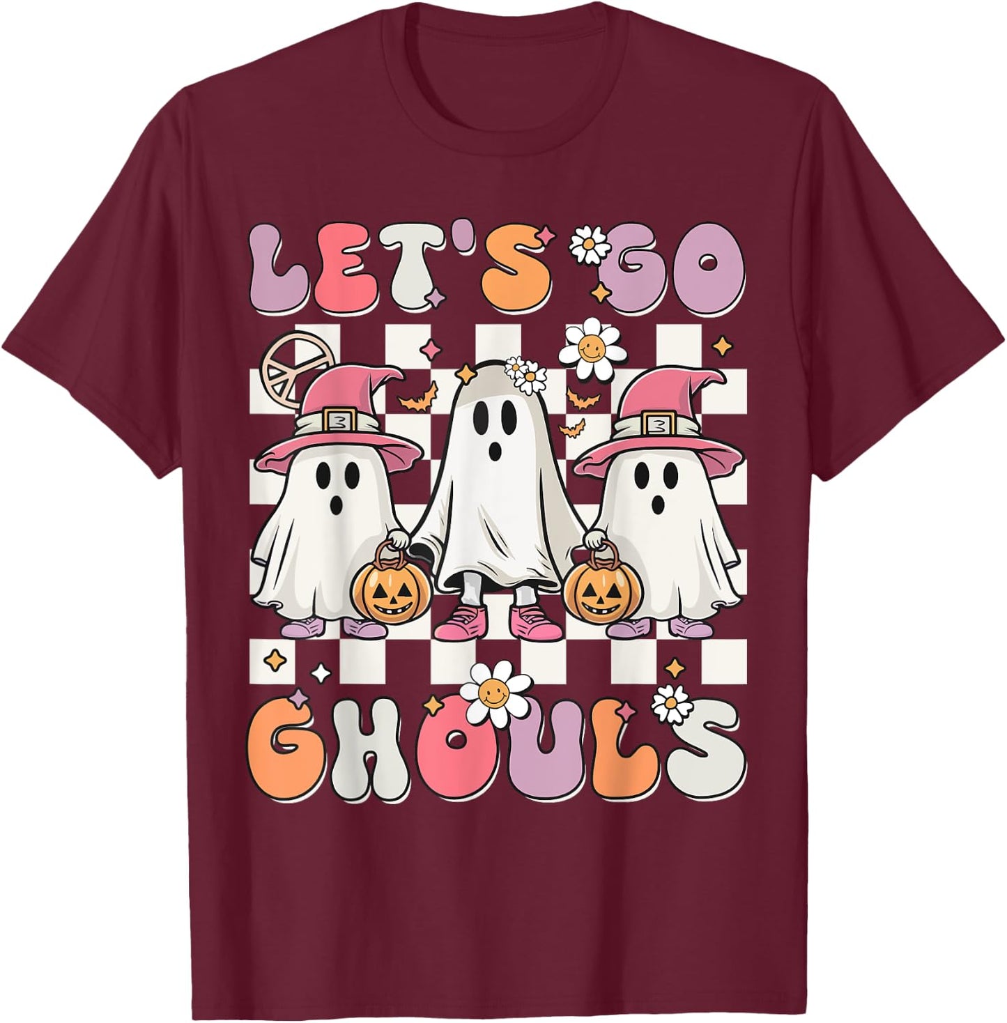 Women Girls Let's Go Ghouls Halloween Retro Ghost Costume T-Shirt - T-Shirt | Maroon