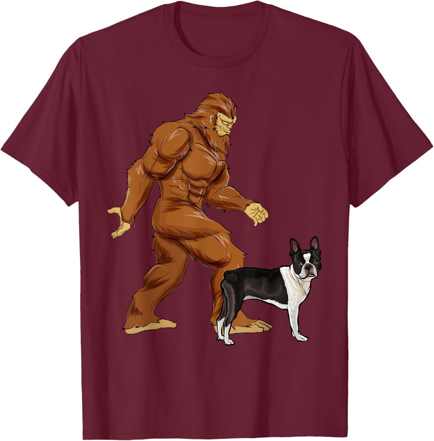 Funny Bigfoot Walking Boston Terrier Sasquatch Dog T-Shirt - T-Shirt | Maroon