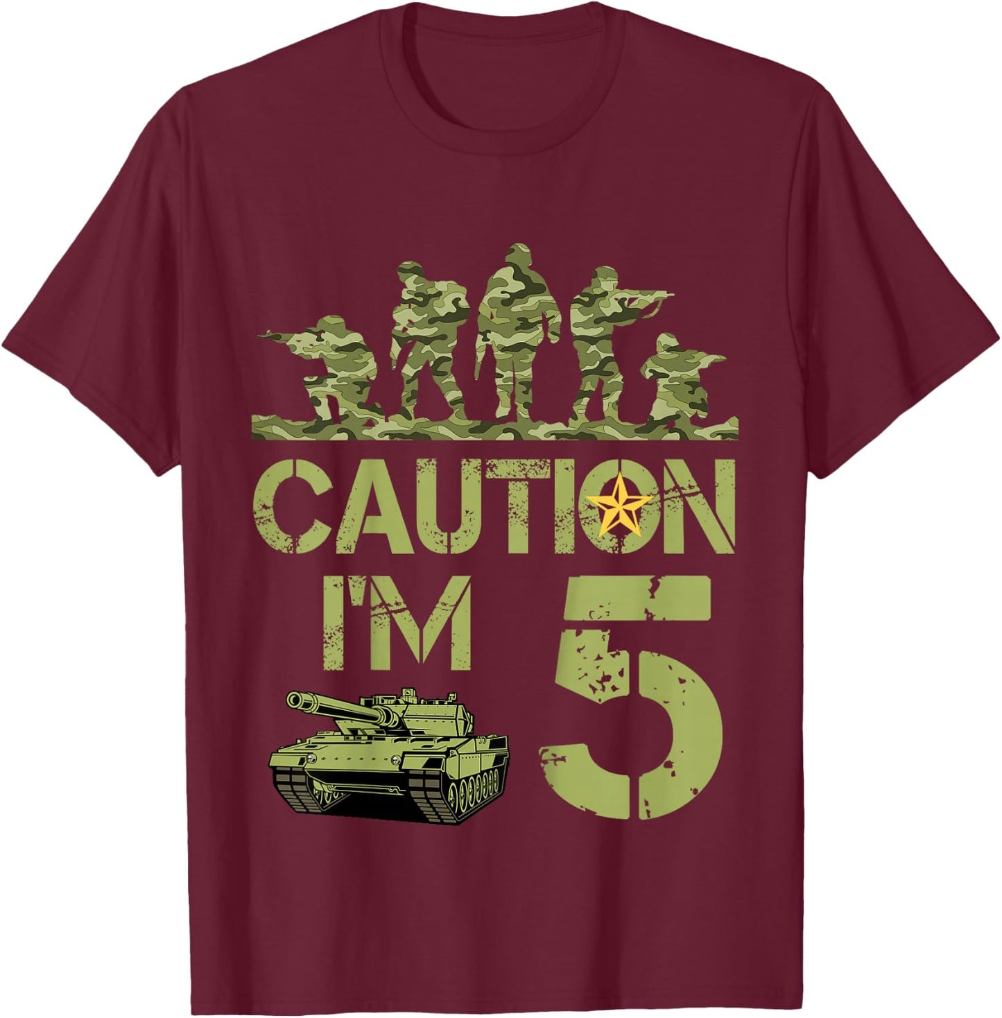 Kids 5th Birthday Military I'm 5 Year Old Soldier Camo 5 Birthday T-Shirt - T-Shirt | Maroon
