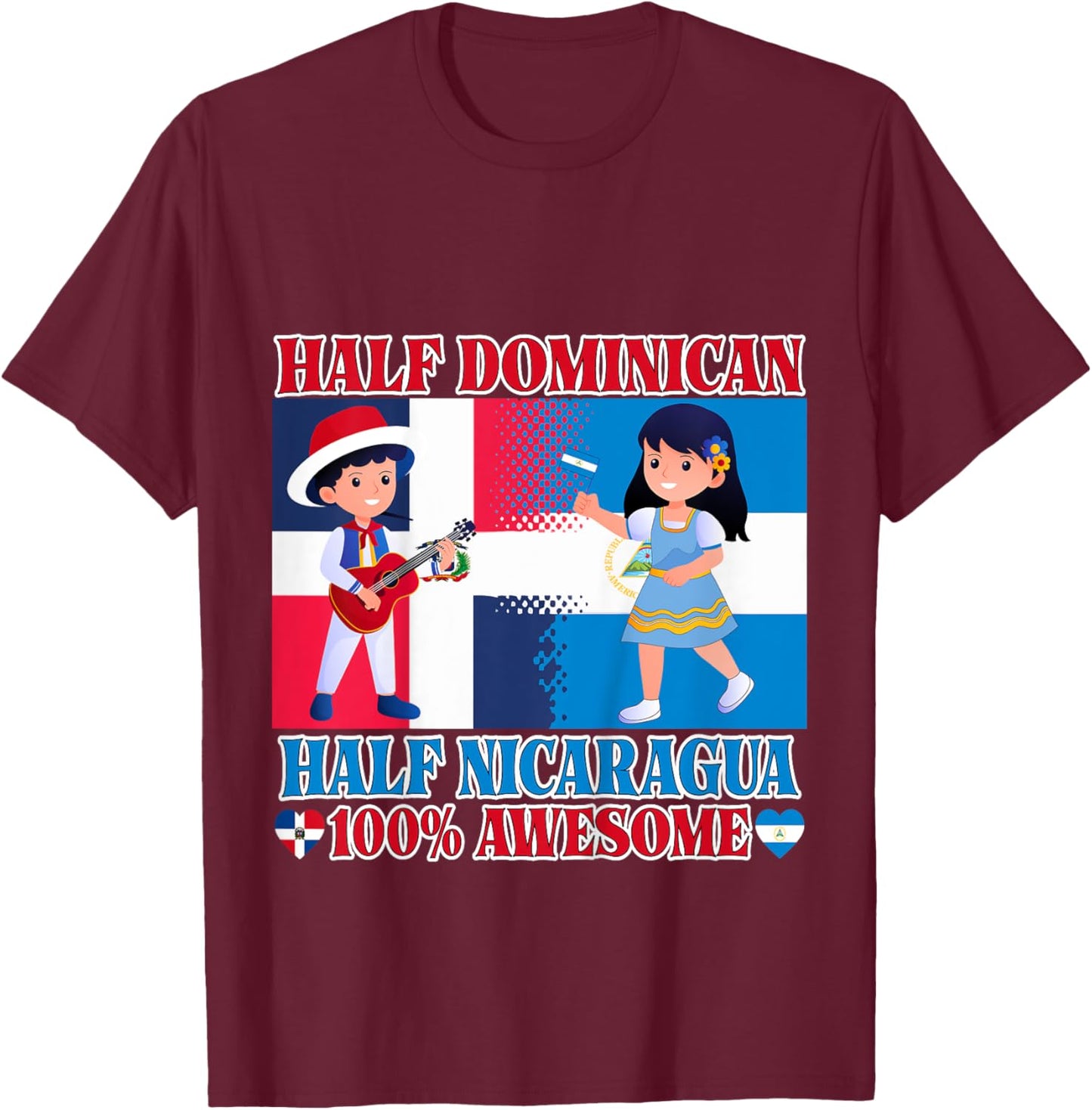 Half Nicaraguan Half Dominican Republic Flag Toddler Girls T-Shirt - T-Shirt | Maroon