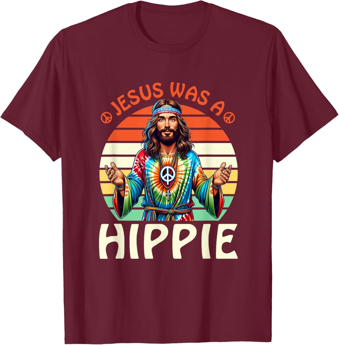 Groovy There Was Jesus Cross Christian Religious Hippie T-Shirt - T-Shirt | Maroon