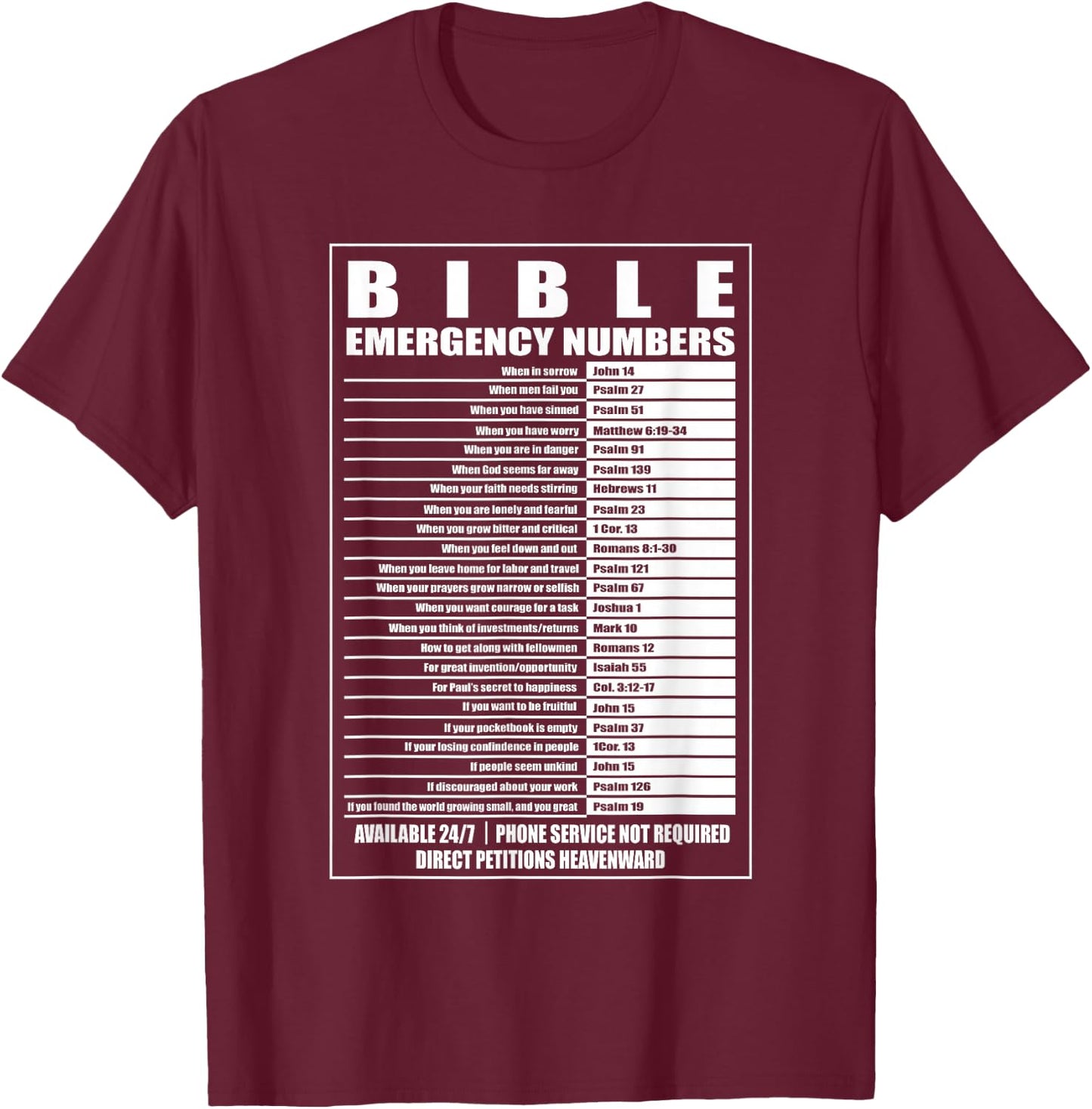 Bible Emergency Numbers Religious Christian T-Shirt - T-Shirt | Maroon