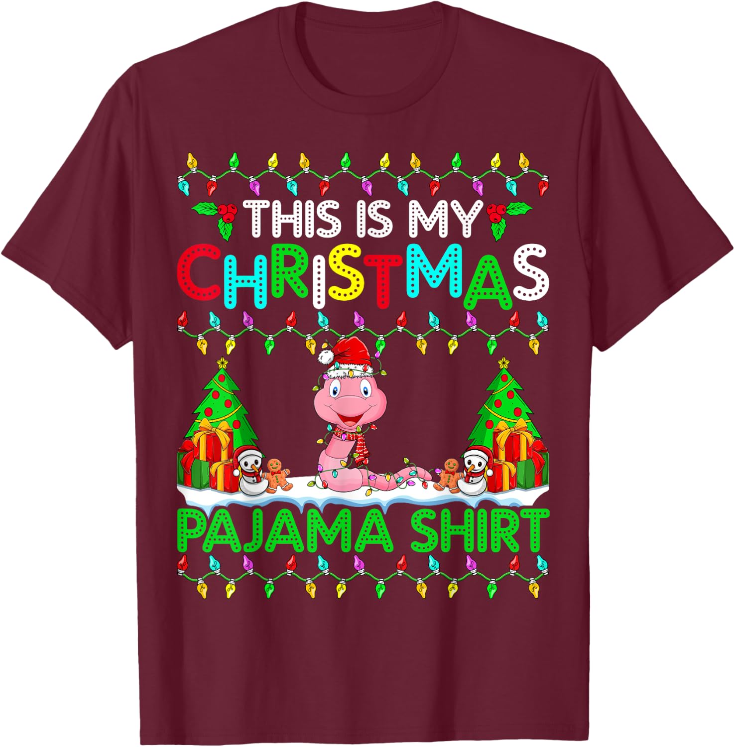 Worm Christmas Xmas Santa Hat Pajama Shirt - Worm Lover T-Shirt - T-Shirt | Maroon