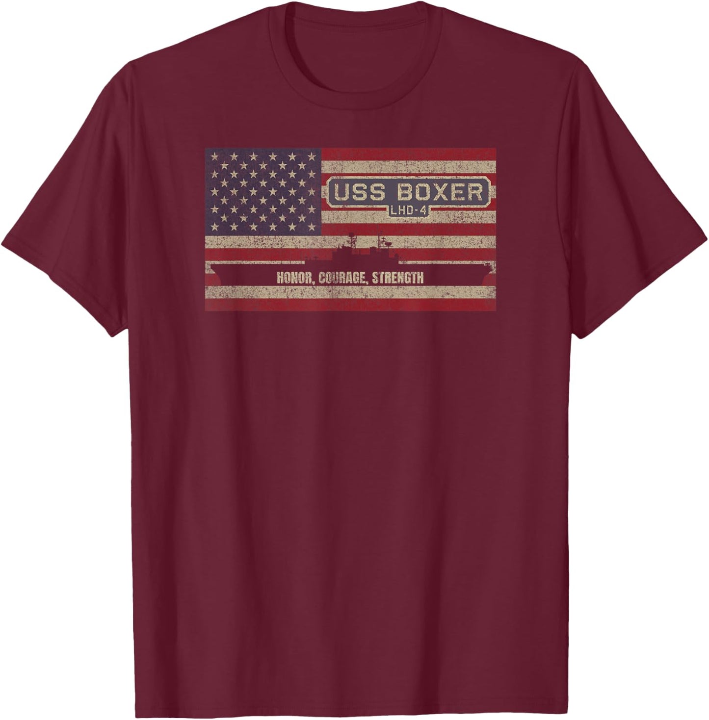 USS Boxer LHD-4 Amphibious Assault Ship USA American Flag T-Shirt - T-Shirt | Maroon