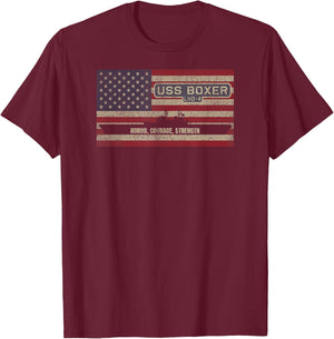 USS Boxer LHD-4 Amphibious Assault Ship USA American Flag T-Shirt - T-Shirt | Maroon