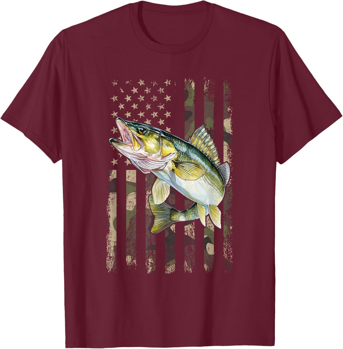Walleye Camo American Flag, Fishing Walleye T-Shirt - T-Shirt | Maroon