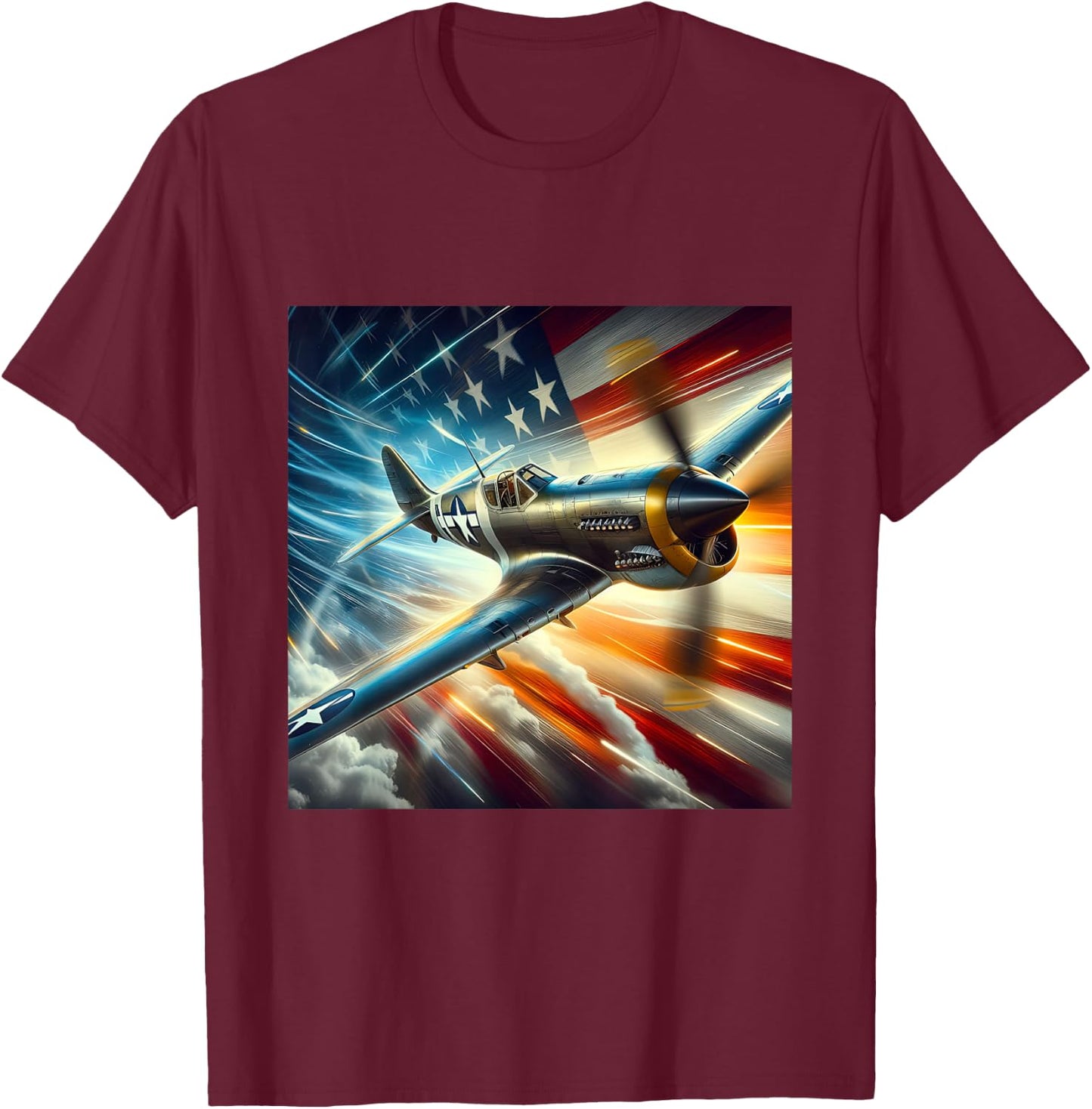 P-40 Warhawk | North American Aviation WW2 P40 US Flag T-Shirt - T-Shirt | Maroon