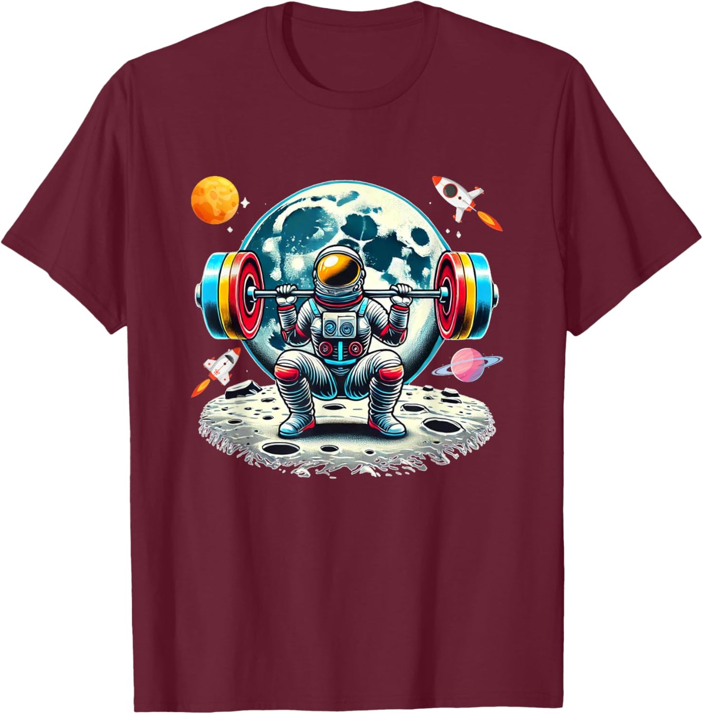 Funny Astronaut Working Out Gym Barbell Squats Outer Space T-Shirt - T-Shirt | Maroon