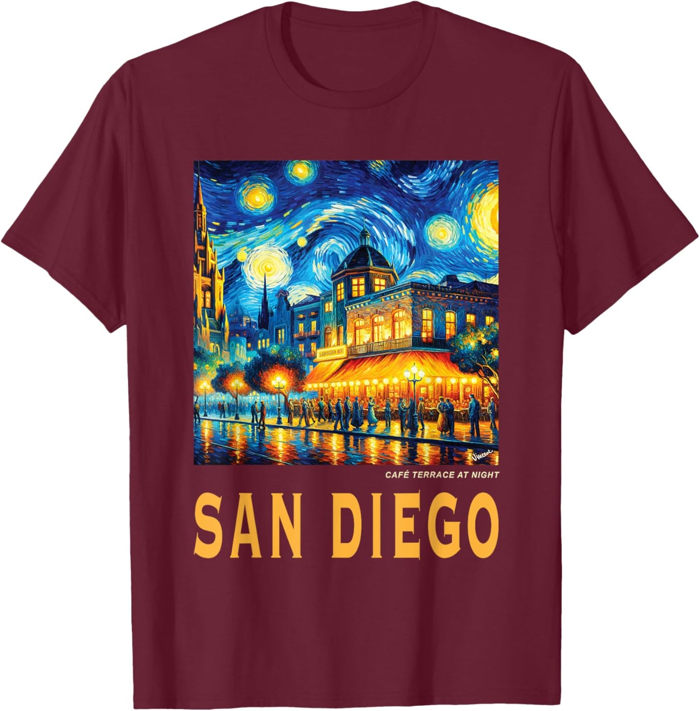 San Diego City California, Van Gogh Inspired T-Shirt - T-Shirt | Maroon