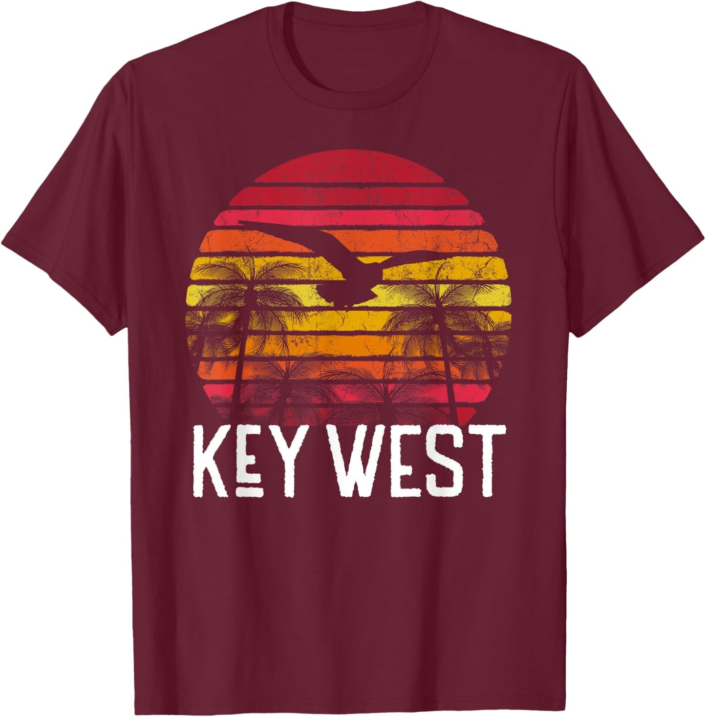 Key West Florida Vintage Retro Beach Palm Tree Surf Sunset T-Shirt - T-Shirt | Maroon