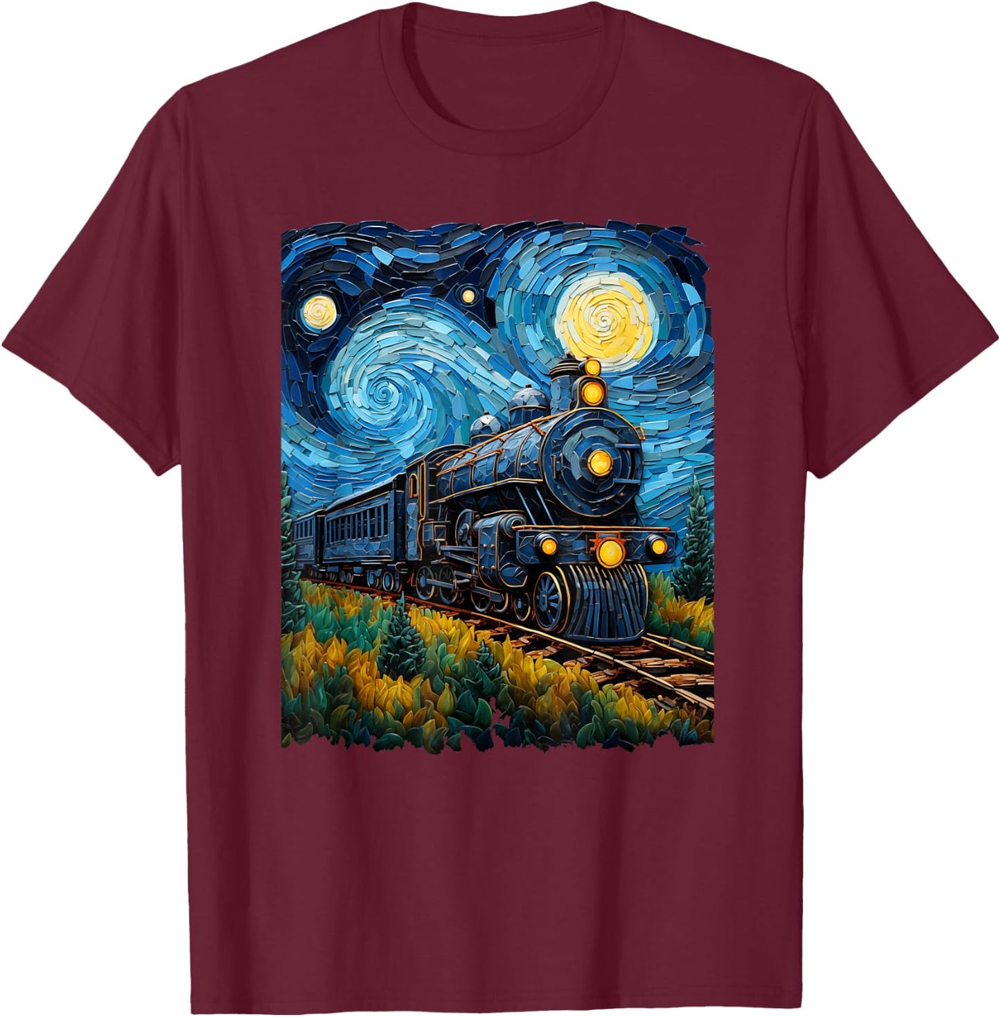 Steam Locomotive Van Gogh Style T-Shirt - T-Shirt | Maroon