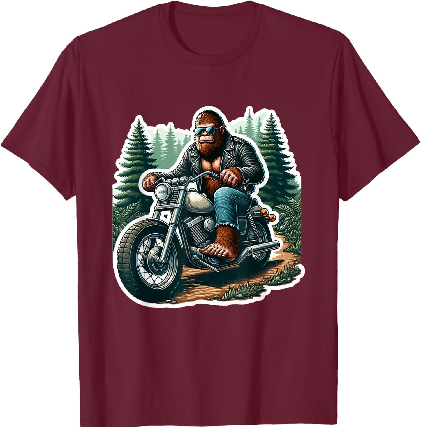 Funny Bigfoot Sasquatch Riding Motorcycle Bike Biker T-Shirt - T-Shirt | Maroon