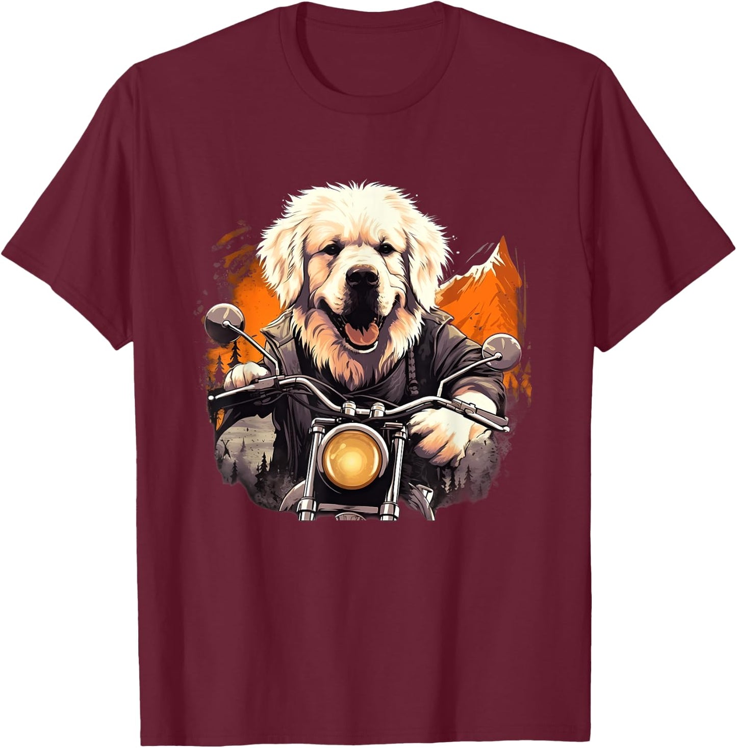 Biker Great Pyrenees Dog Riding Motorbike T-Shirt - T-Shirt | Maroon