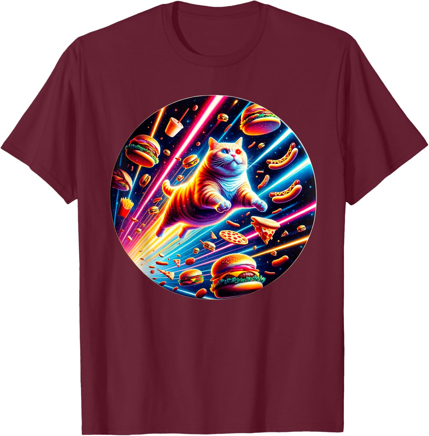Outer Space Pizza Cat Rainbow Laser Taco Hot Dog Burrito T-Shirt - T-Shirt | Maroon