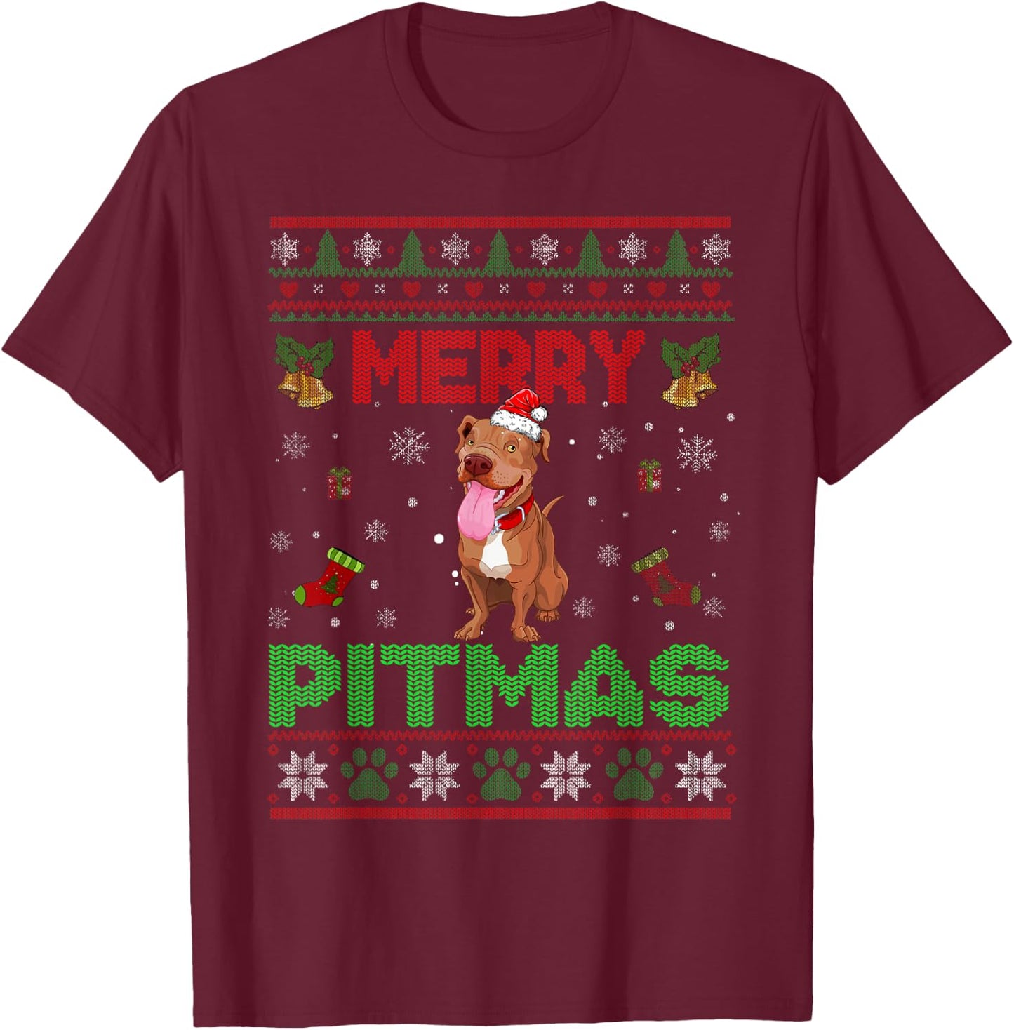 Merry Pitmas Funny Pit Bull Christmas Sweater Gifts T-Shirt - T-Shirt | Maroon