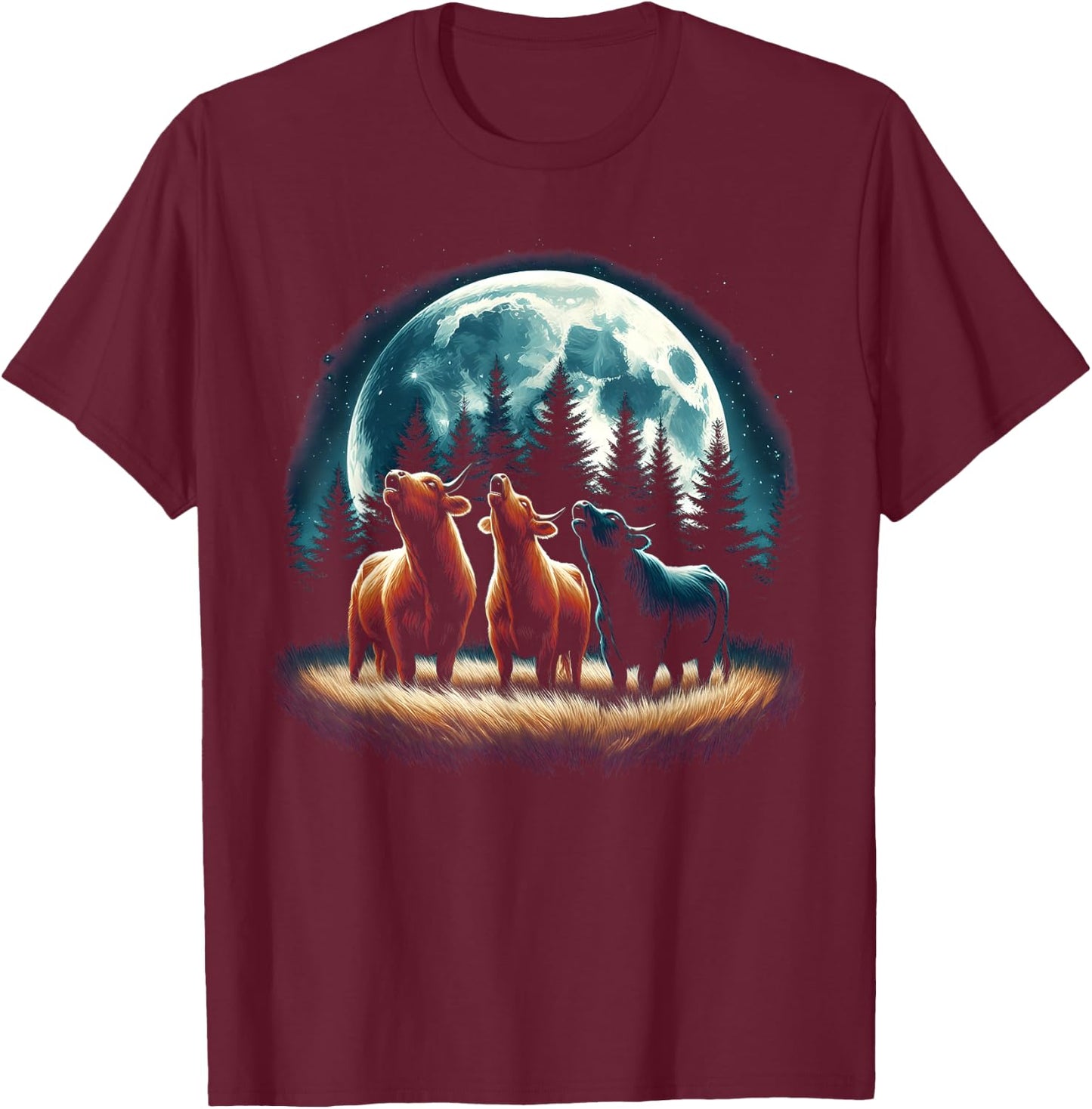 3 Cows Howling At The Moon Wolf Animal T-Shirt - T-Shirt | Maroon