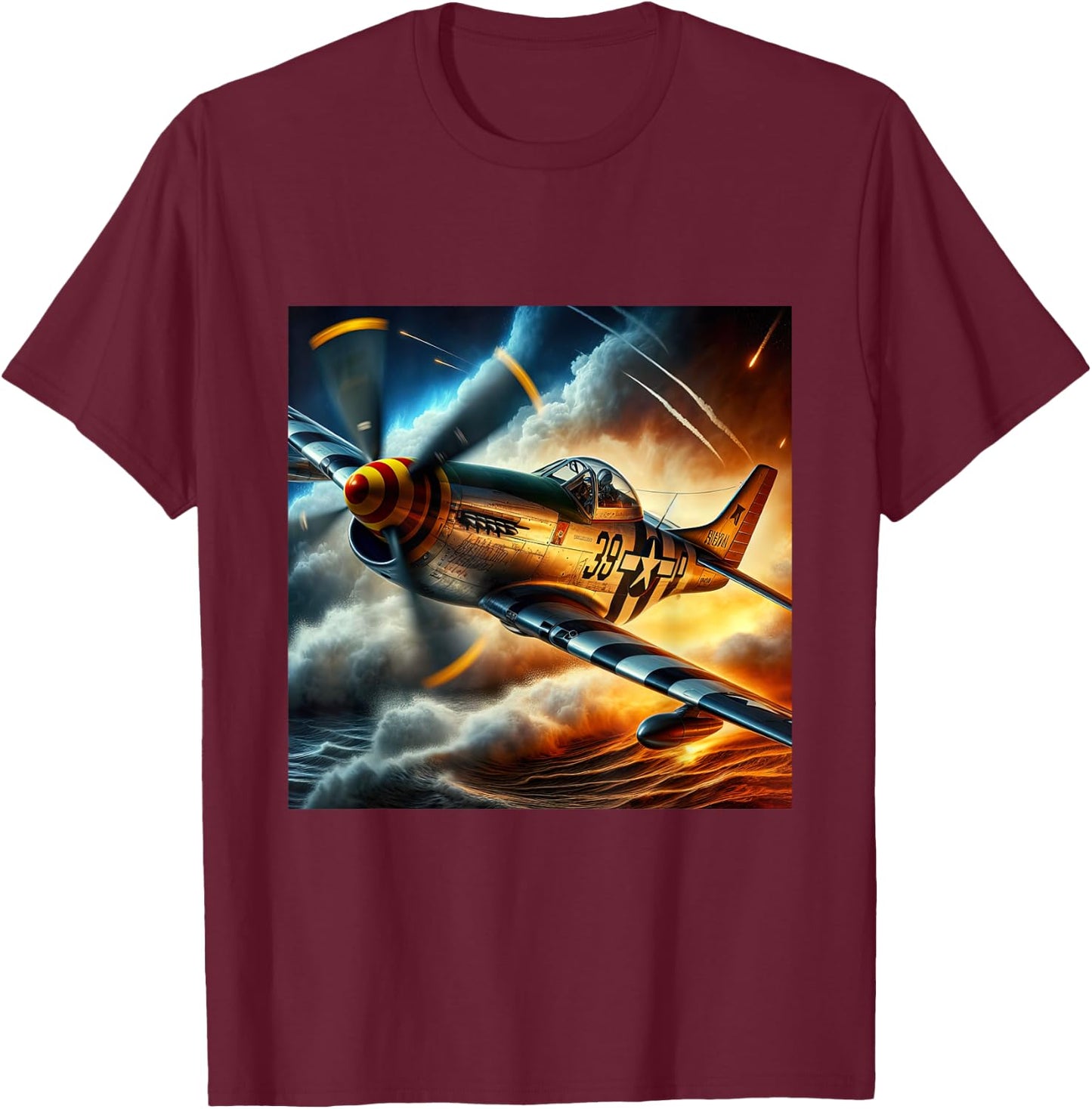 WWII Warbirds | P-51 Mustang in Dynamic Flight in the Sky T-Shirt - T-Shirt | Maroon