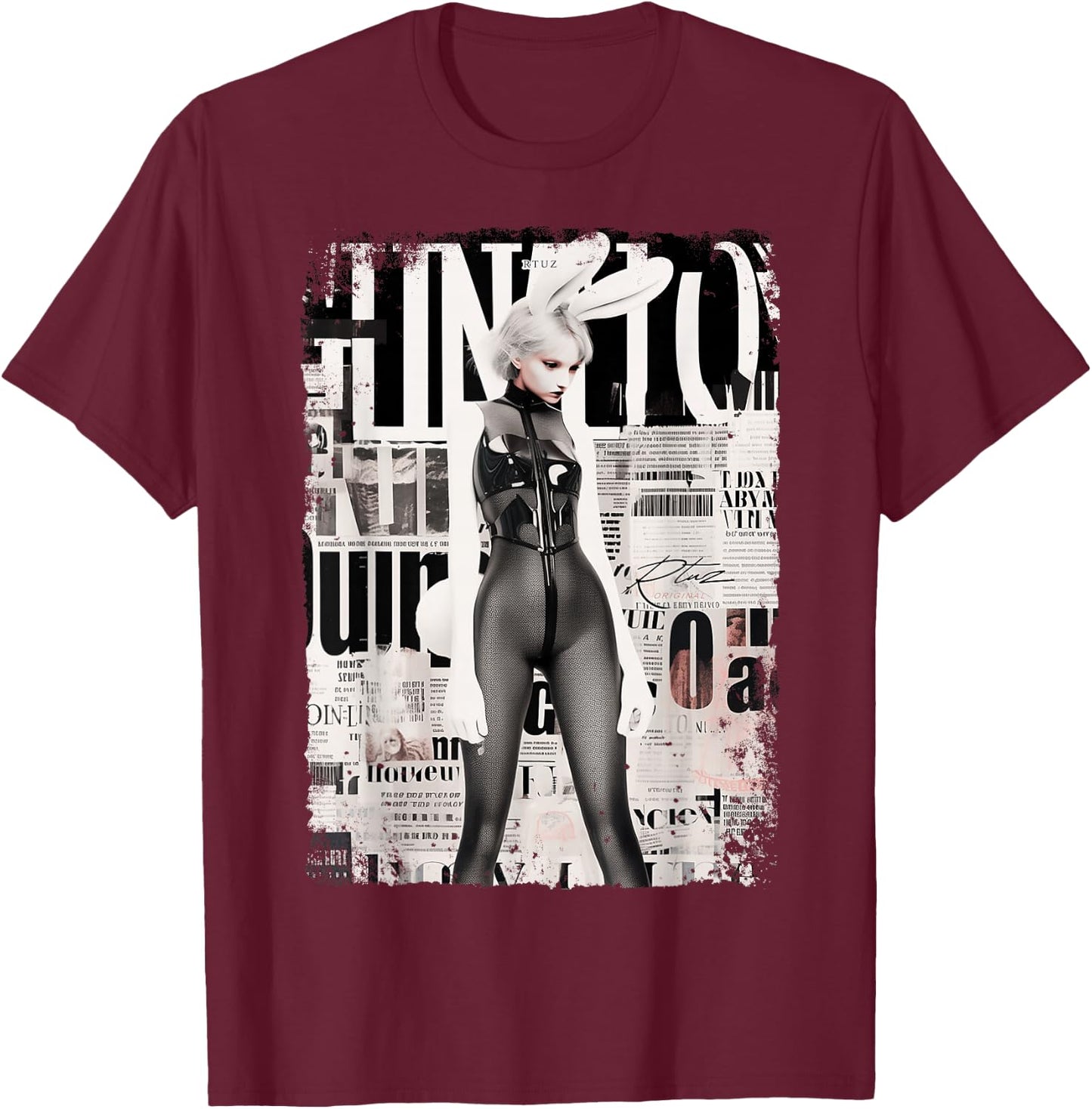 Magazine Cover Vintage Girl Bunny Collage Sexy Model Pin-Up T-Shirt - T-Shirt | Maroon