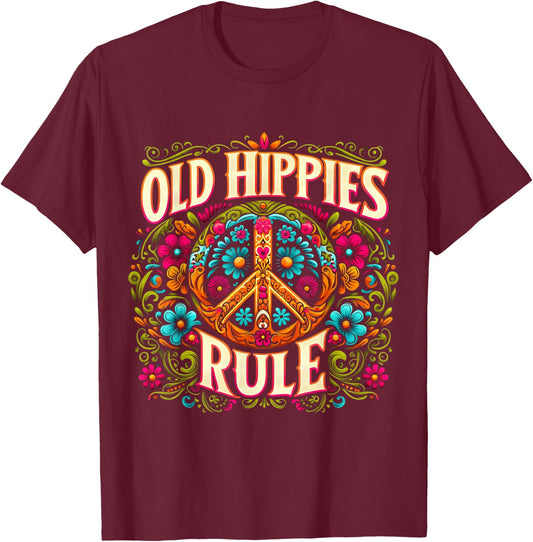 Vintage Old Hippies Rule - Retro 60s 70s Hippie Costume T-Shirt - T-Shirt | Maroon