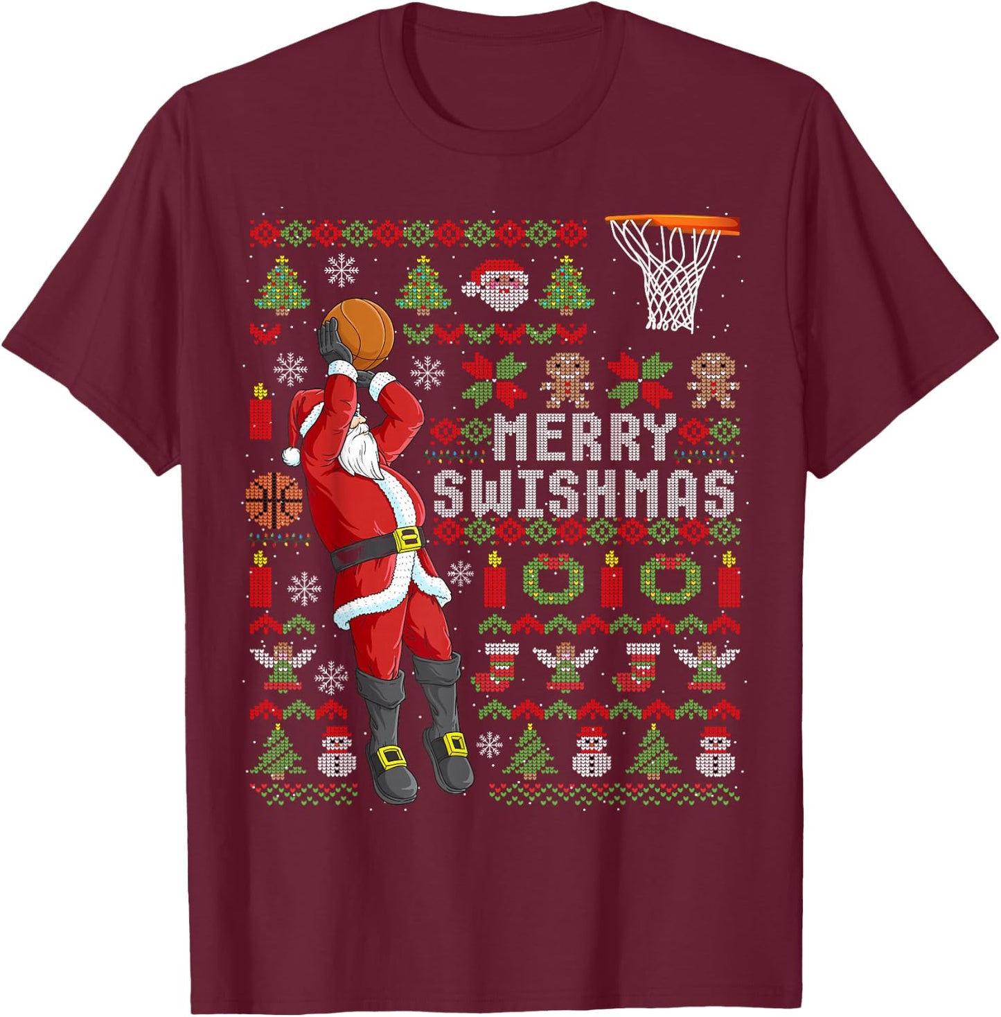 Merry Swishmas Ugly Christmas Basketball Christmas T-Shirt - T-Shirt | Maroon