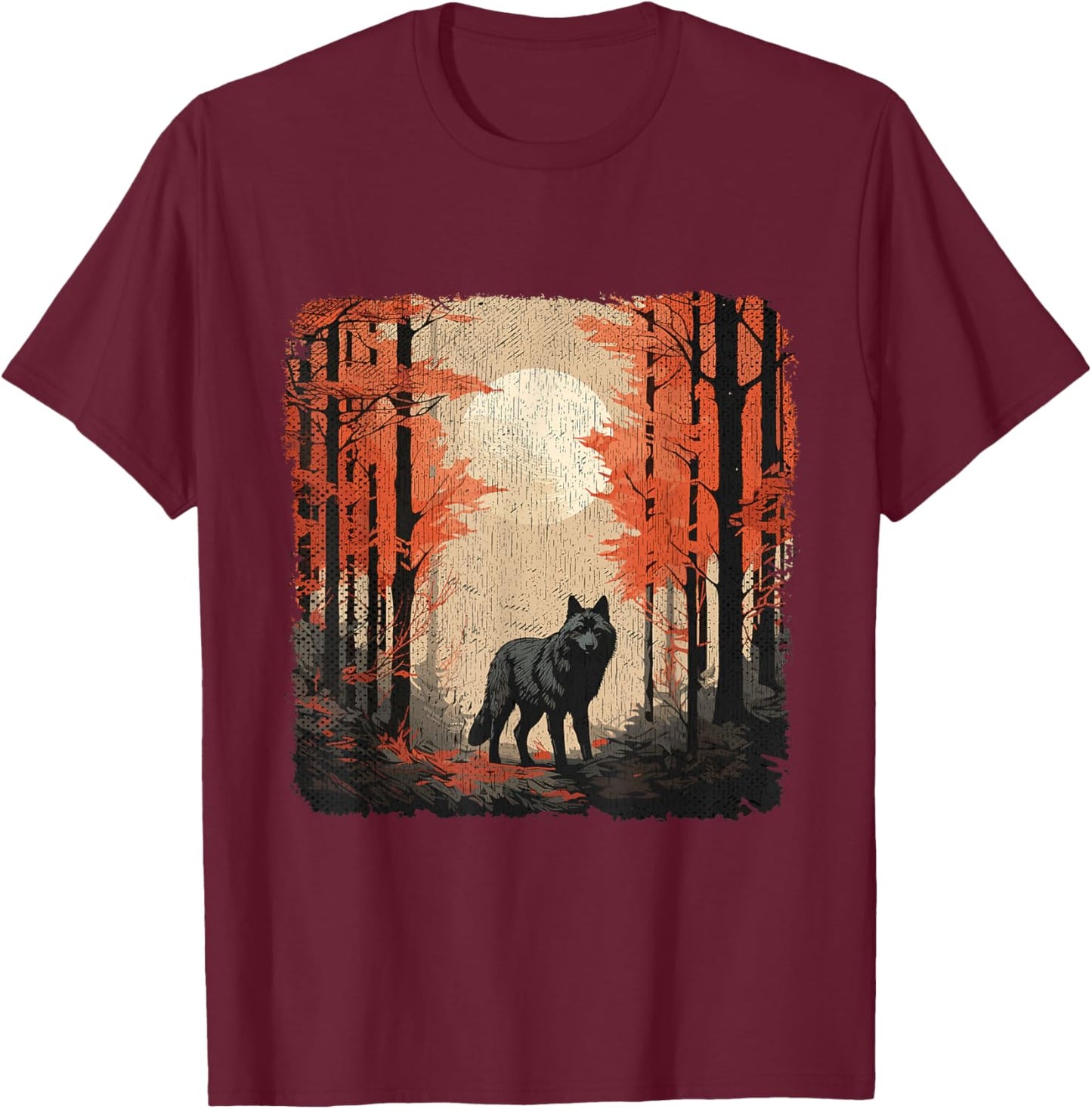Nature Forest Women Landscape Men Children Full Moon Wolf T-Shirt - T-Shirt | Maroon