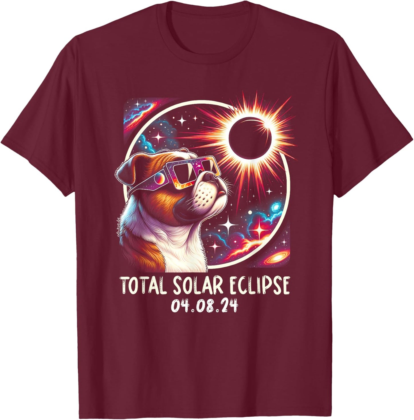Solar Eclipse Bulldog Wearing Glasses Pet April 8 2024 Women Kids T-Shirt - T-Shirt | Maroon
