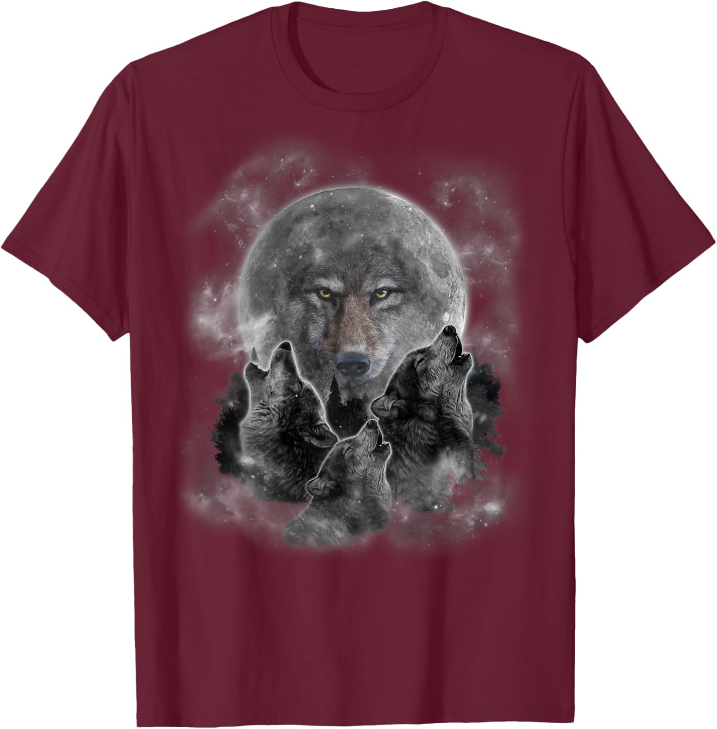 Grey Wolf Hunting Ground, Icy Moon, Forest, Galaxy T-Shirt - T-Shirt | Maroon