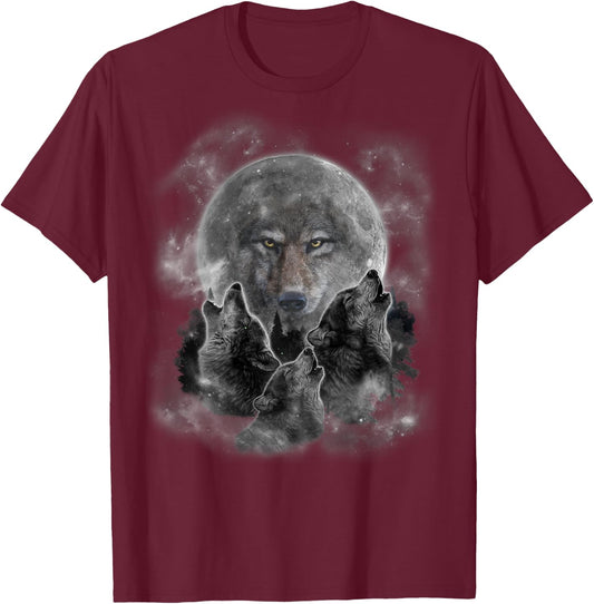 Grey Wolf Hunting Ground, Icy Moon, Forest, Galaxy T-Shirt - T-Shirt | Maroon
