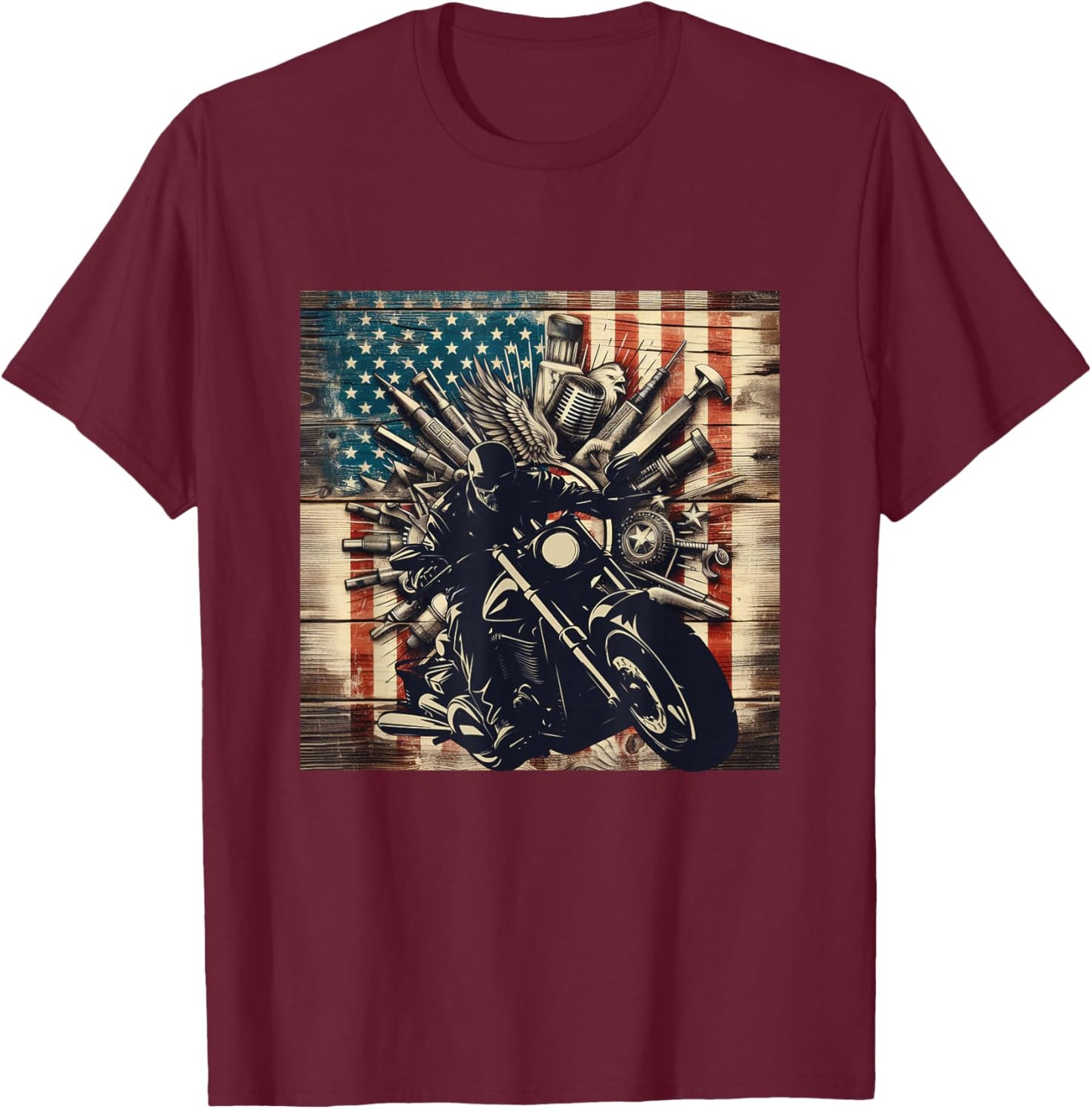 Patriotic American Flag Biker Motorcycle T-Shirt - T-Shirt | Maroon