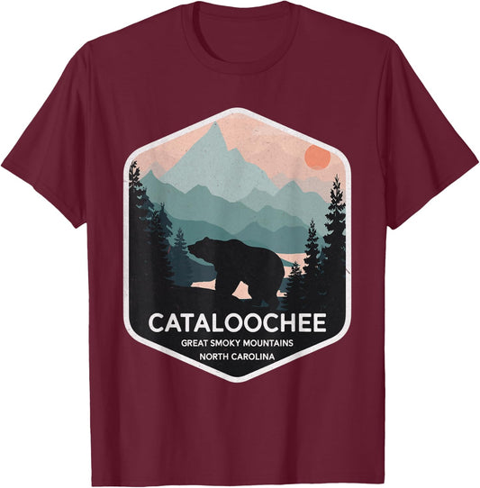Cataloochee Great Smoky Mountains North Carolina Retro Bear T-Shirt - T-Shirt | Maroon