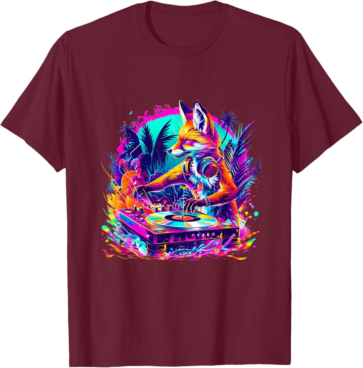 Fox Music DJ Techno House Music Colourful Turntable DJ Fox T-Shirt - T-Shirt | Maroon