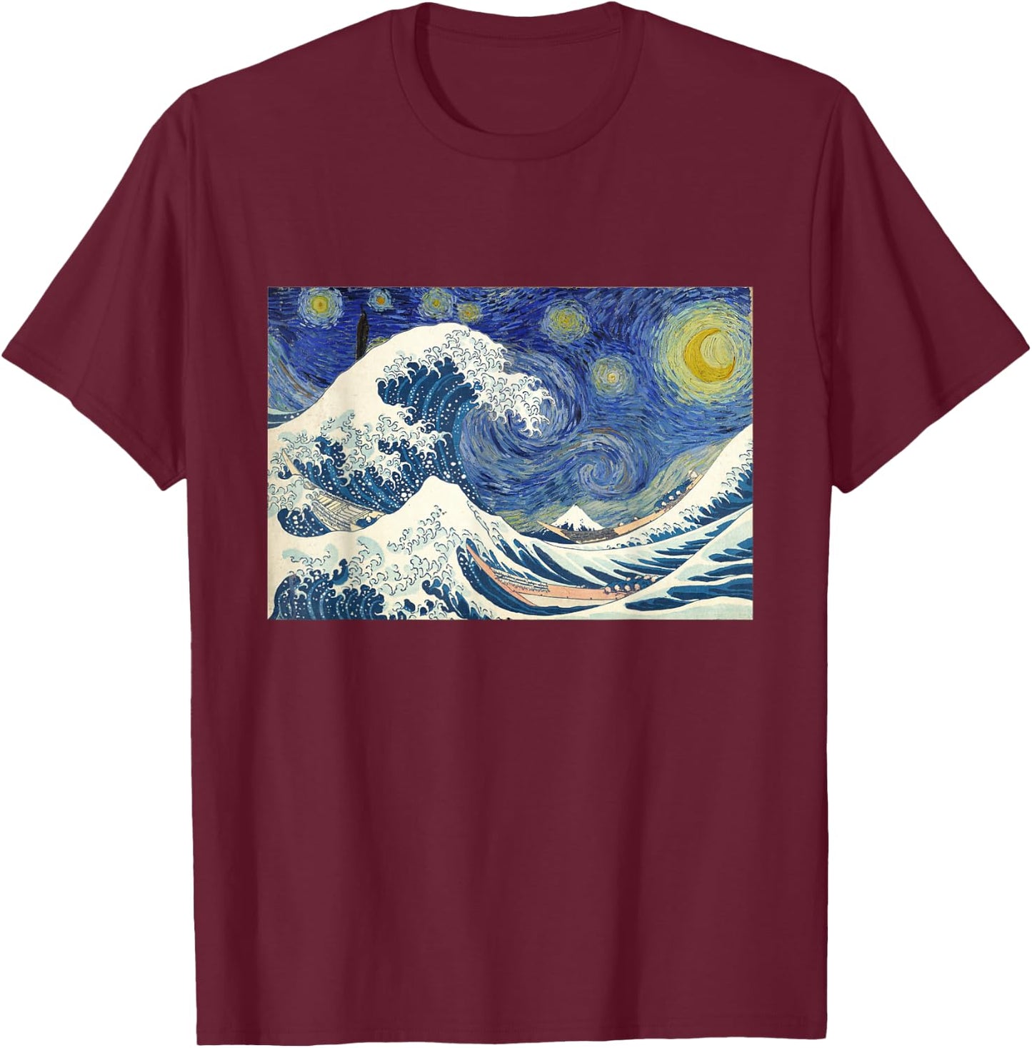 Great Wave off Kanagawa with Starry Nights van Gogh T-Shirt - T-Shirt | Maroon