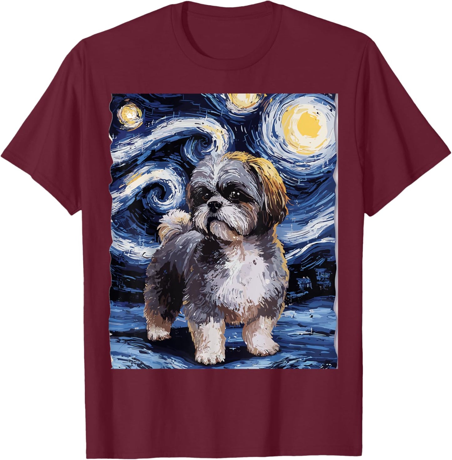 Gifts For Shih Tzu Dog Lovers Van Gogh Style Starry Night Men Women T-Shirt - T-Shirt | Maroon