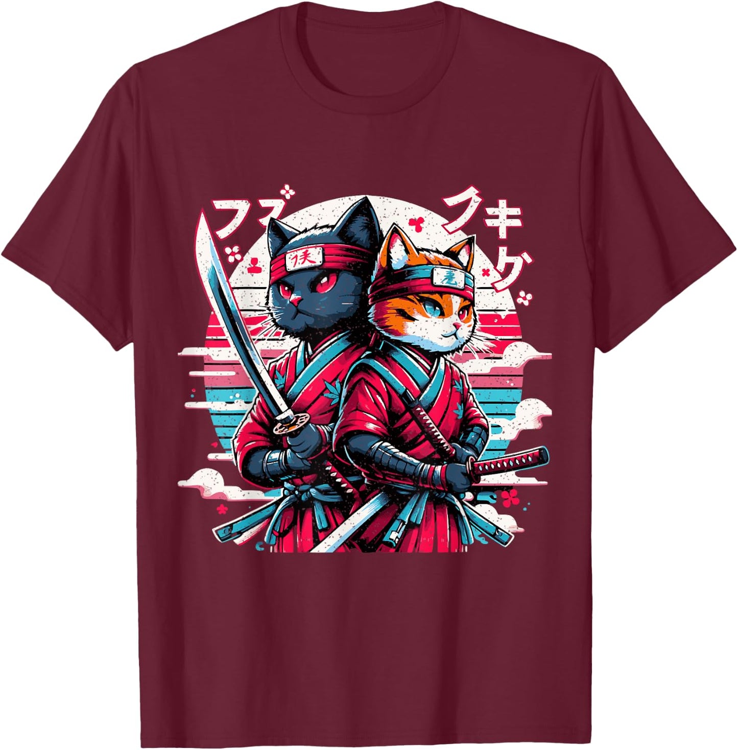 Cute Ninja Cat Couple Japanese Anime Samurai Katana Cats Women Girls Kids T-Shirt - T-Shirt | Maroon